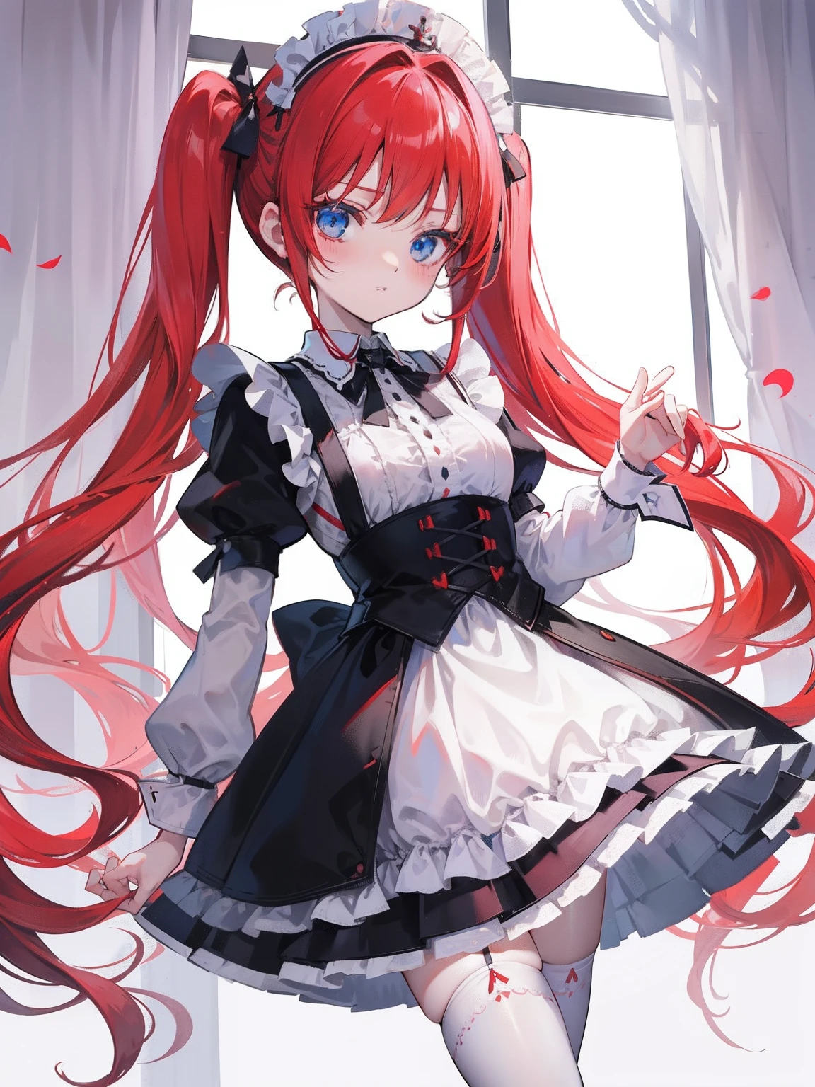 red hair,blue eyes,twintails,maid, long hair, long sleeves, gothic, solo, loli,Short skirt, white stockings,{{best quality}}, {{masterpiece}}, {{ultra-detailed}}, {illustration}, {detailed light}, {an extremely delicate and beautiful},little girl,cute,