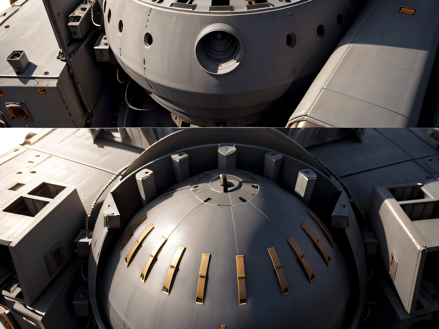 ((Highest image quality, reality, outstanding details, ultra-high resolution), (nobody, realism: 1.4), ((close up:1)), highly condensed delicate surface, 1 machine generater, multiloader, excavator, (machine color base ratio dark grey:0.8 other-color:0.2), (putting a anti-aircraft weapon), background simple gray wall, (Aging:0.75),