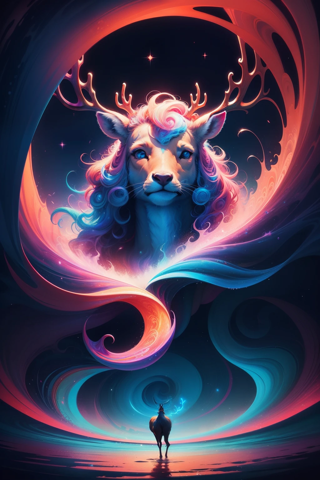 (Psychedelic painting of a deer standing in front of a colorful swirl), ((multi-slit big antlers, stag, big head)), light and shadow, waves, multi-layered, foreground, distant view, fractal Thunder Dan Mumford, Dan Mount Ford and Alex Gray style, psychedelic surreal art, surreal psychedelic design, fantasy art style, illusion psychedelic art, infinite psychedelic waves, inspired by Cyril Rolando, Real ripple structure, psychedelic art style, psychedelic art, psychedelic illustration--V