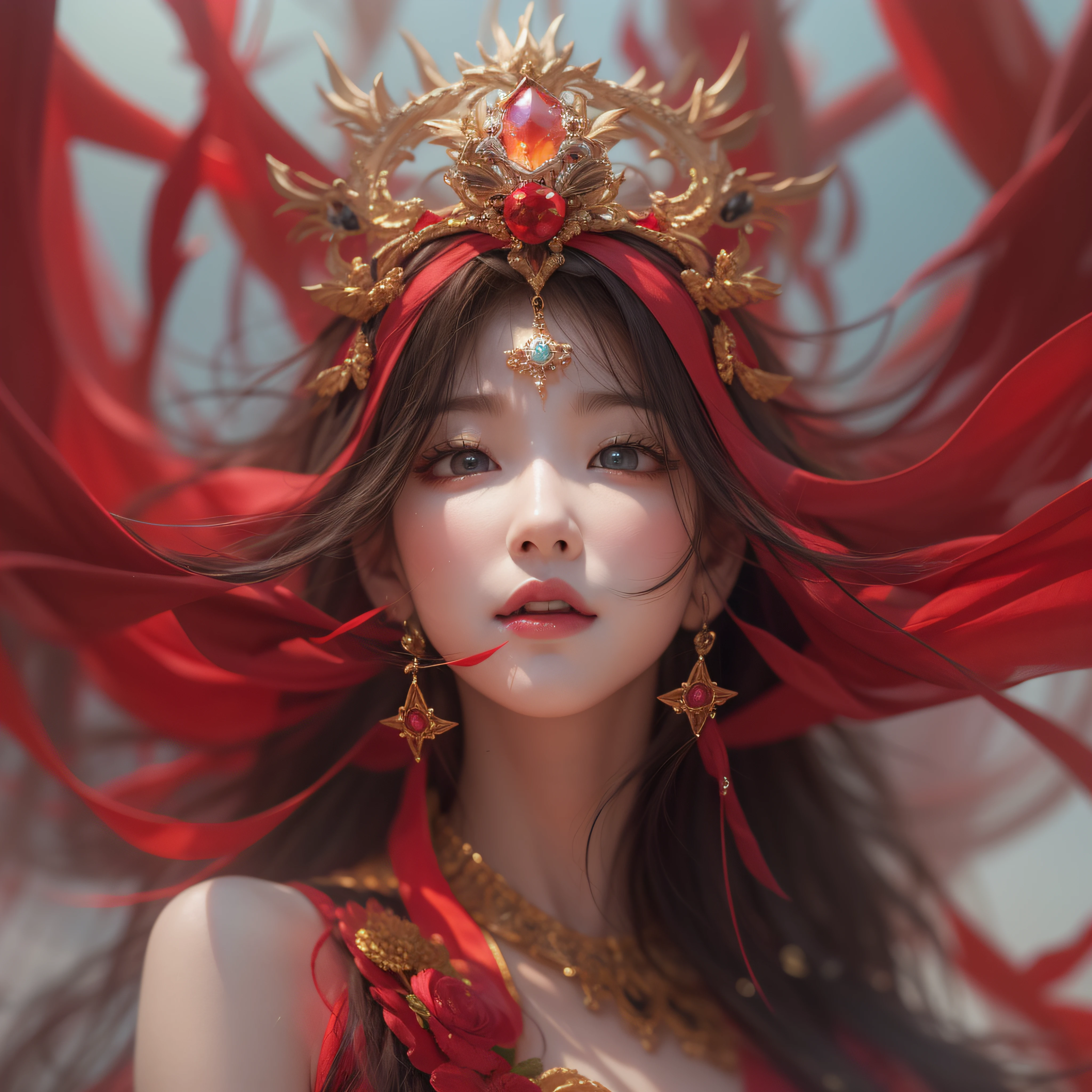 A close up of a woman wearing a red dress and a crown - SeaArt AI