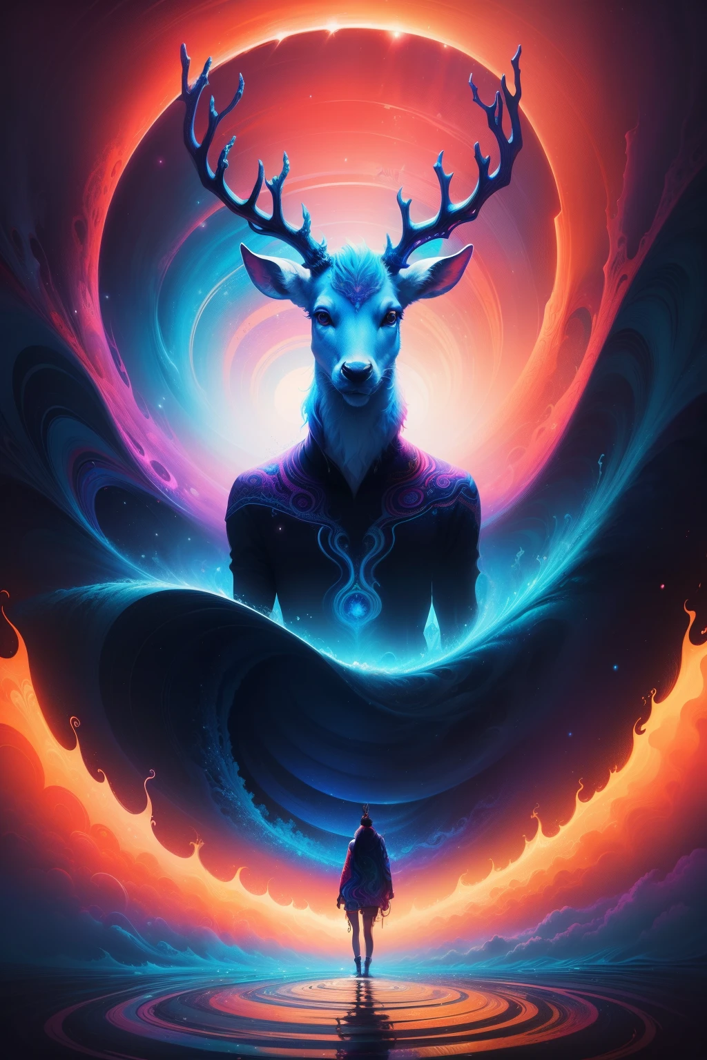 (Psychedelic painting of a deer standing in front of a colorful swirl), ((multi-slit big antlers, stag, big head)), light and shadow, waves, multi-layered, foreground, distant view, fractal Thunder Dan Mumford, Dan Mount Ford and Alex Gray style, psychedelic surreal art, surreal psychedelic design, fantasy art style, illusion psychedelic art, infinite psychedelic waves, inspired by Cyril Rolando, Real ripple structure, psychedelic art style, psychedelic art, psychedelic illustration--V