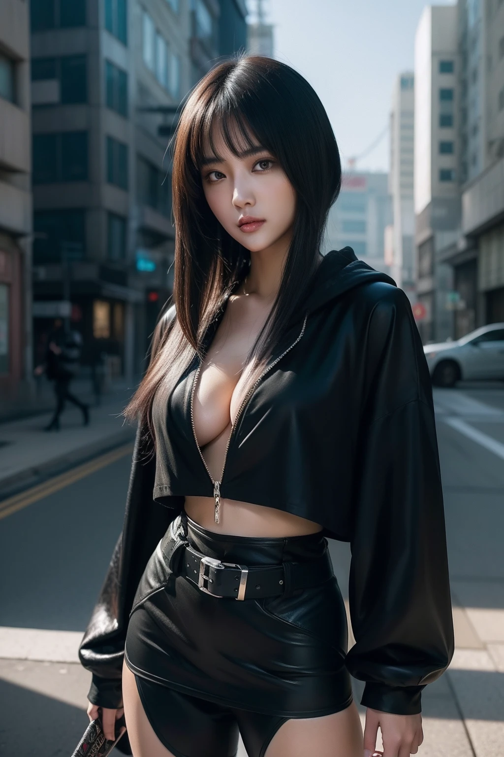 wearing black clothes,Anime girl with sword in hand, very beautiful cyberpunk samurai, Digital cyberpunk anime art, anime cyberpunk art, cyberpunk anime girl mech, cyberpunk anime girl, cyberpunk anime art, female cyberpunk anime girl, cyberpunk geisha, digitl cyberpunk - anime art, Cyberpunk Samurai, style of anime4 K, Badass anime 8 K, cyberpunk anime girl in hoodie, beautiful Korean women, Korean girl, Beautiful young Korean woman, Korean woman, Choi Hyun-hwa, korean women's fashion model, Sexy look, big breast, Sexy pose, show breasts, whaite hair