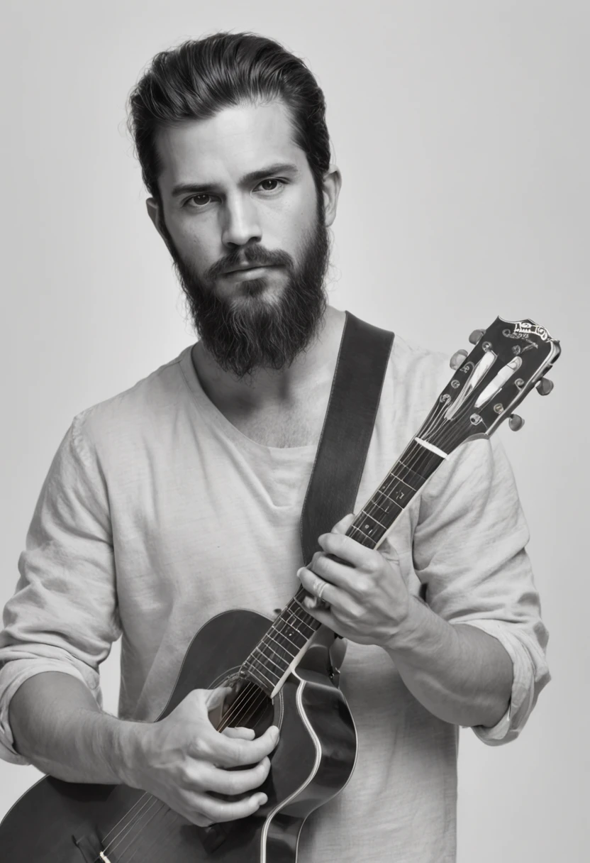 [On a blank piece of paper, Um retrato realista de um homem pardo de 36 anos, com barba estilo costeleta, com uma cicatriz de uma tiro na testa, vestindo jaqueta de couro, with hair up to the neck, Playing guitar is drawn in graphite pencils. he is in profile, Look forward with serious eyes, Condensed expression. He holds the guitar with both hands...., Apoiando o peito. A guitarra tem detalhes em ouro e preto. The design is inspired by the style of Will Costa, Brazilian illustrator doing surreal work with pencils.]
