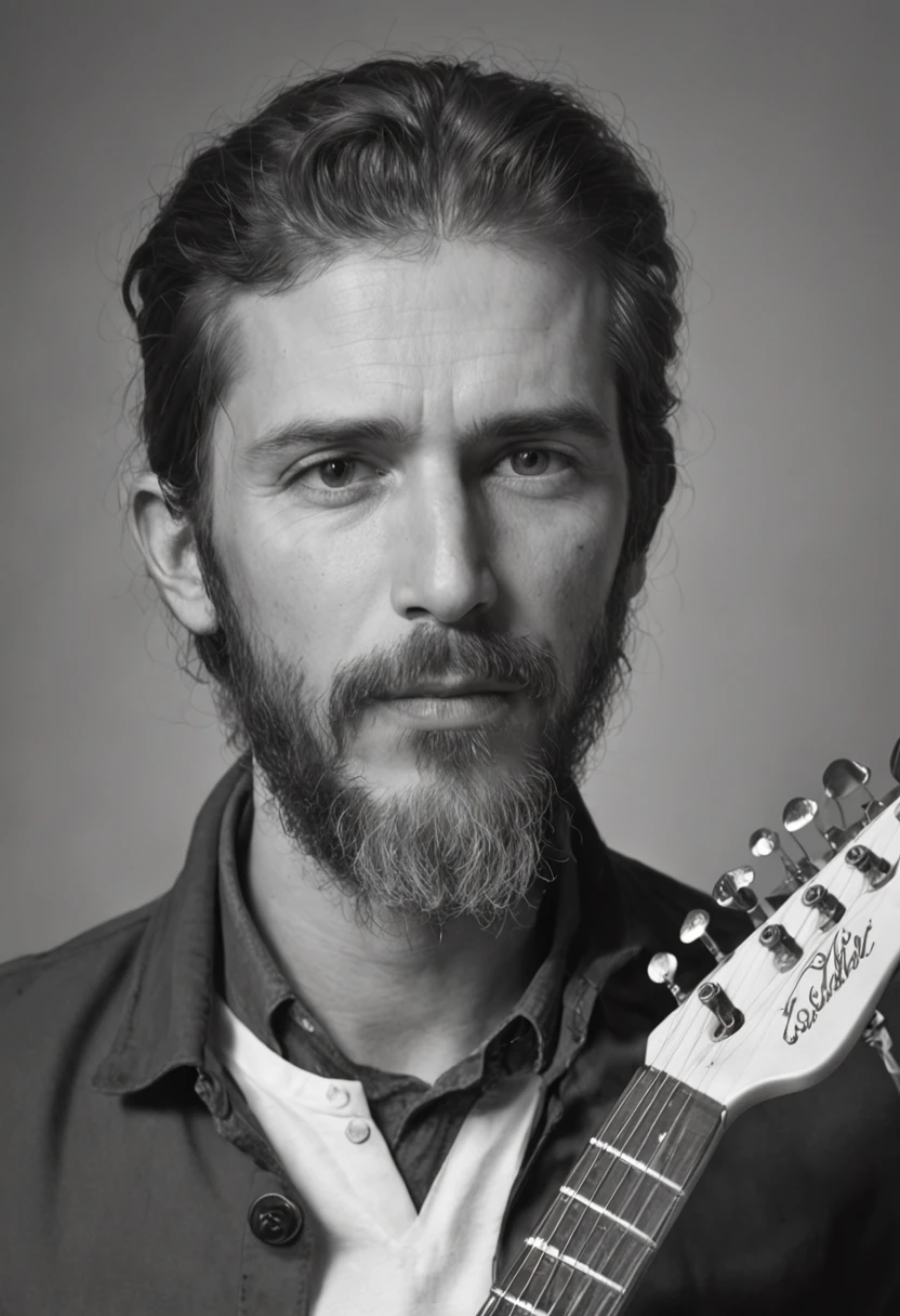 [On a blank piece of paper, Um retrato realista de um homem pardo de 36 anos, com barba estilo costeleta, com uma cicatriz de uma tiro na testa, vestindo jaqueta de couro, with hair up to the neck, Playing guitar is drawn in graphite pencils. he is in profile, Look forward with serious eyes, Condensed expression. He holds the guitar with both hands...., Apoiando o peito. A guitarra tem detalhes em ouro e preto. The design is inspired by the style of Will Costa, Brazilian illustrator doing surreal work with pencils.]