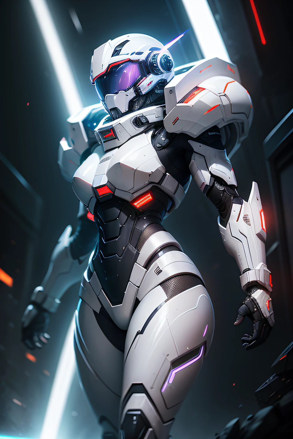 Hyperrealistic, powerful, white-armored warrior, her cybernetic helmet glowing in the darkness of space, legs are muscular, feet are claws, ready to take on any challenge, style of Alena Aenami, ground angle, long shot