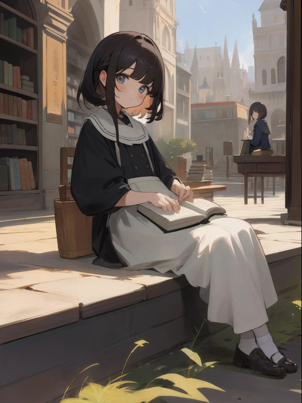 masterpiece, top-quality, 1girl in, The upper part of the body, sitting on, sweeping bangs, shorth hair, , A dark-haired, doress, frilld, plein air,bookstore、The viewer is the viewer's gaze