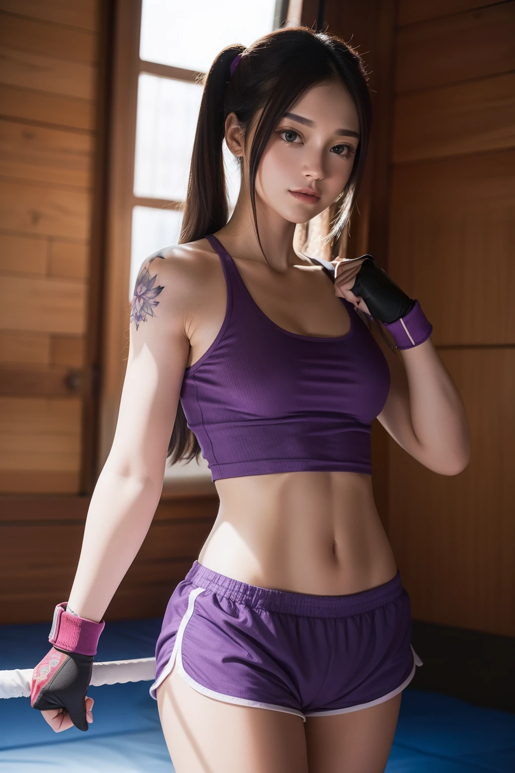 Purple tank top,Shoulder tattoo