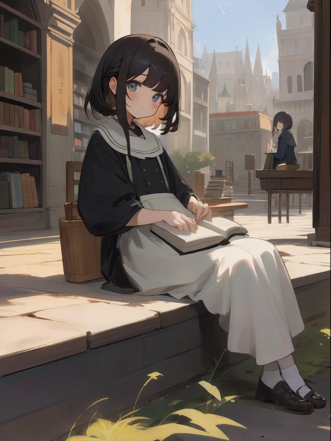 masterpiece, top-quality, 1girl in, The upper part of the body, sitting on, sweeping bangs, shorth hair, , A dark-haired, doress, frilld, plein air,bookstore、The viewer is the viewer's gaze