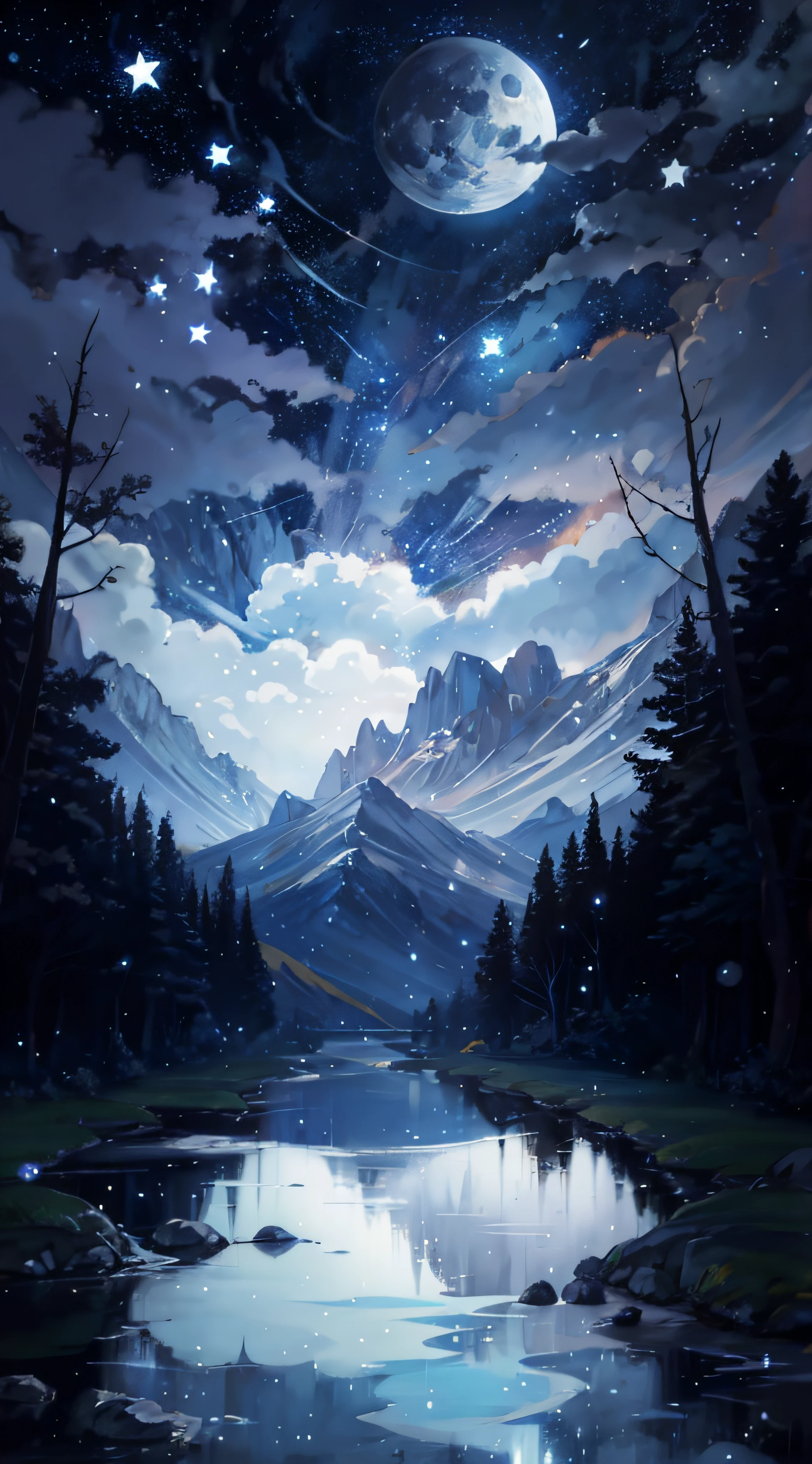 A painting of a river with stars and moon in the sky, concept art inspired by Tosa Mitsuoki, pixiv contest winner, best quality, fantasy art, beautiful anime scene, a bright moon, moonlit starry environment, dream painting, Anime Background Art, Fantasy Landscape Art, Fantasy Night, Anime Background, Background Artwork, Fantastic Art, Atmospheric Anime, Starry Sky, Detail Enhanced.
