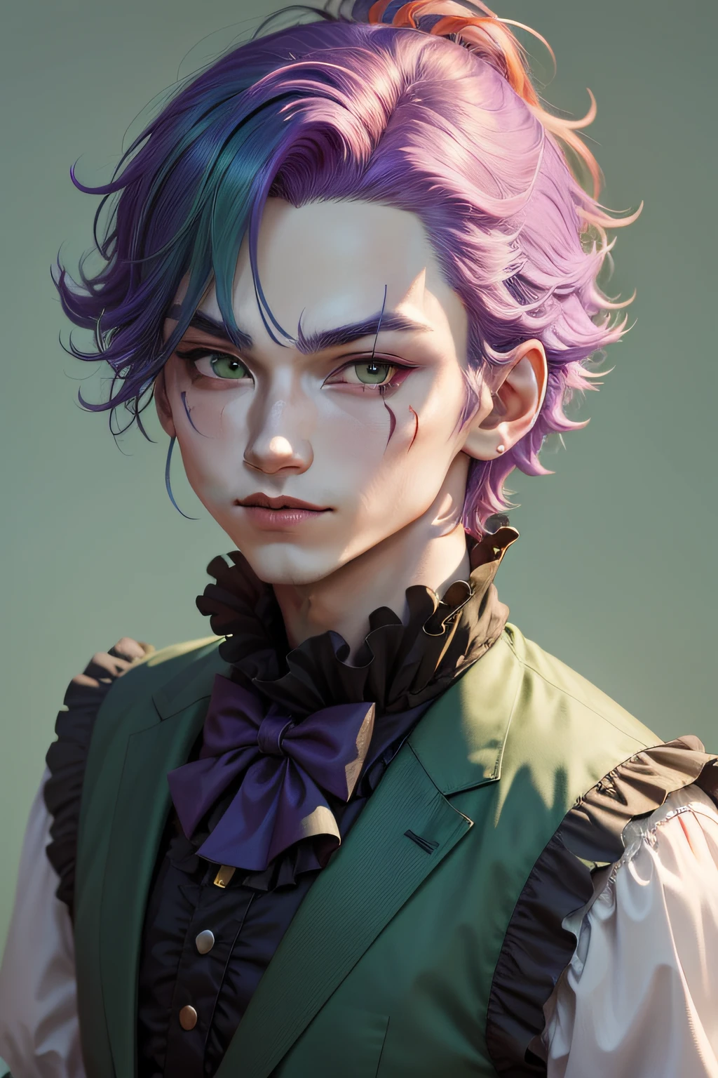 Clown avatar,Close-up of the head,Only head and shoulder positions are shown,ember,Wallpapers,Anime handsome boy,Pan,Green hair,Purple colored hair,Hair has gradient color,Black suit,white backgrounid,Red round nose of the clown,Clown's mouth,Handsome nose,Pointed chin,Azure pupils,ssmile,年轻