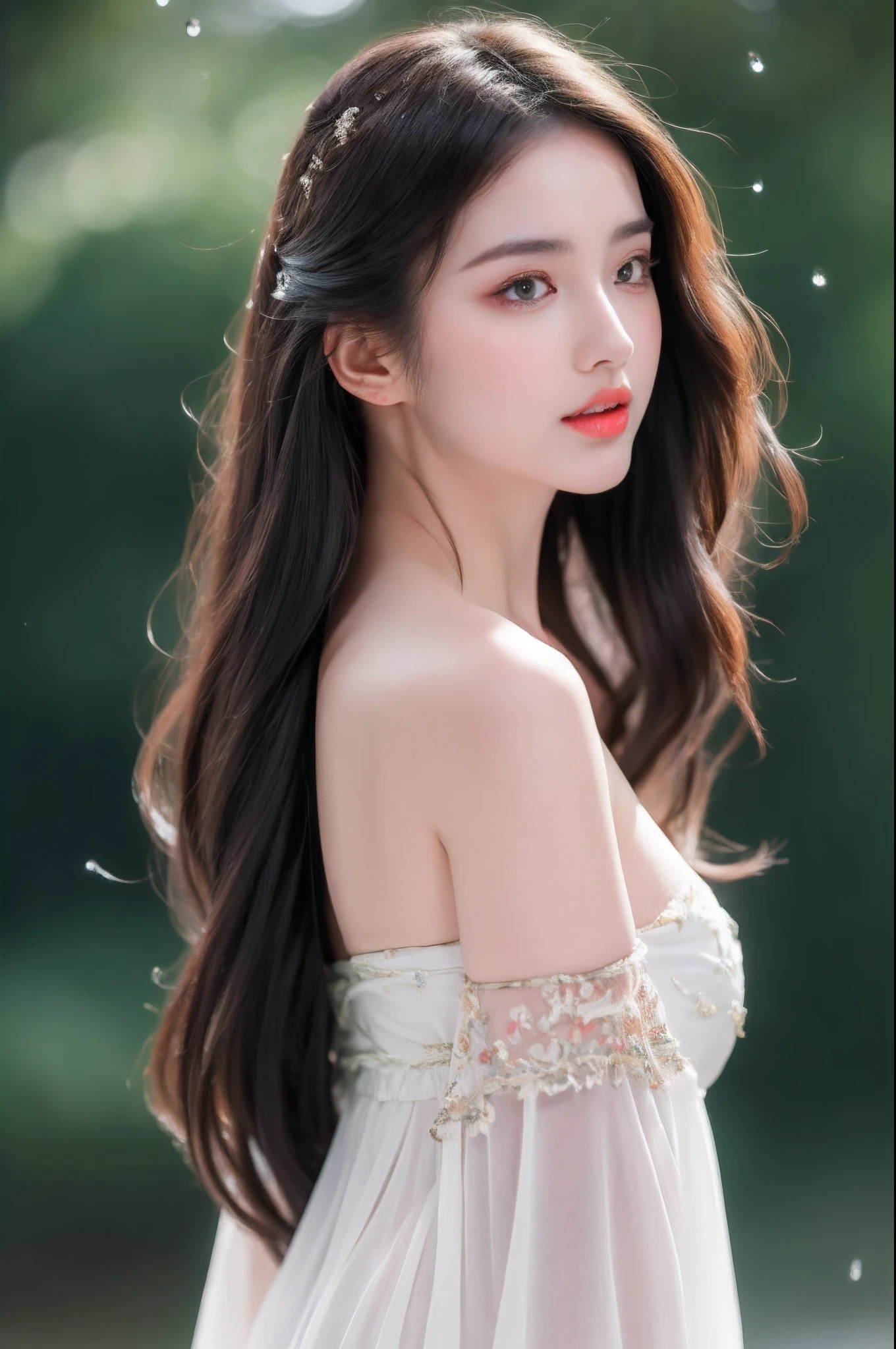 ((Best Quality, 8k, Masterpiece: 1.3)), Focus: 1.2, Perfect Body Beauty: 1.4, Buttocks: 1.2, ((Layered Haircut)), (Wet Clothes: 1.1), (Rain, Street:1.3), (Breasts: 1.2), (Hanfu: 1.2), Bare Shoulders, Bare Legs, Highly Detailed Face and Skin Texture, Fine Eyes, Double Eyelids, Whitened Skin, Long Hair, (Shut Up: 1.5), (Bokeh Background: 1.5), Big Breasts