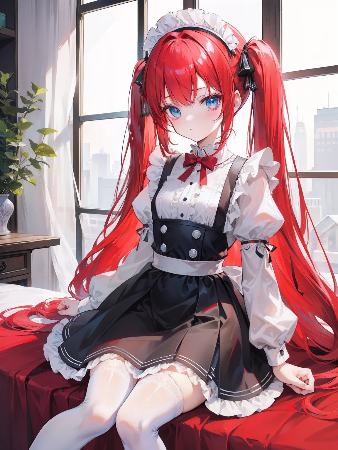 red hair,blue eyes,twintails,maid, long hair, long sleeves, gothic, solo, loli,Short skirt, white stockings,{{best quality}}, {{masterpiece}}, {{ultra-detailed}}, {illustration}, {detailed light}, {an extremely delicate and beautiful}, girl,cute,