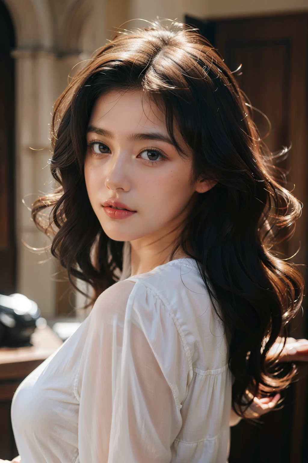 1girll,micro-curly hair,prette,Soft light,European beauty