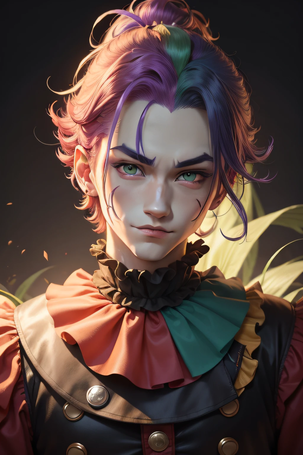 Clown avatar,Close-up of the head,Only head and shoulder positions are shown,ember,Wallpapers,Anime handsome boy,Pan,Green hair,Purple colored hair,Hair has gradient color,Black suit,white backgrounid,Red round nose of the clown,Clown's mouth,Handsome nose,Pointed chin,Azure pupils,ssmile,年轻