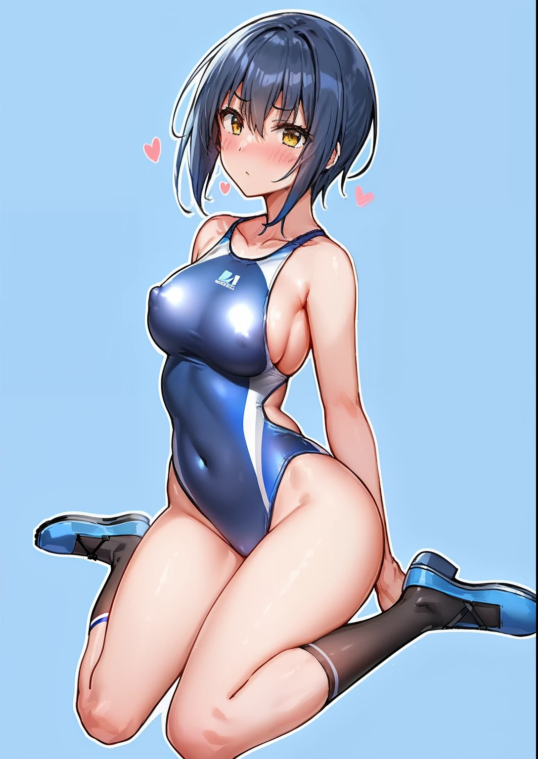 1girl、s girl、a beauty girl、Handsome、female high-school student、swimsuit、one-piece_swimsuit、competition_swimsuit、highleg_swimsuit、solo、rating:safe、blue_legwear、striped、short_hair、nose_scar、yellow_eyes、blush、looking_at_viewer、vertical_stripes、blue_hair、kneehighs、blue_swimsuit、sitting、highleg、breasts、large_breasts、big_breasts、coverd_nipples、erection_nipples、covered_navel、kneeling、white_background、collarbone、socks、facial_scar、white_footwear、hair_between_eyes、black_swimsuit、full_body、bangs、shoes、simple_background、wariza