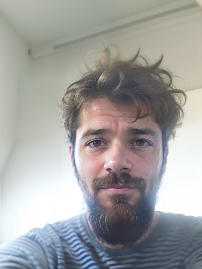 arafed man with a beard and a striped shirt taking a selfie, 4 0 years old man, very very low quality picture, 8k selfie photograph, without beard and mustache, selfie photo, (38 years old), a photo of a disheveled man, selfie of a man, 3 2 years old, with a small beard, 38 years old