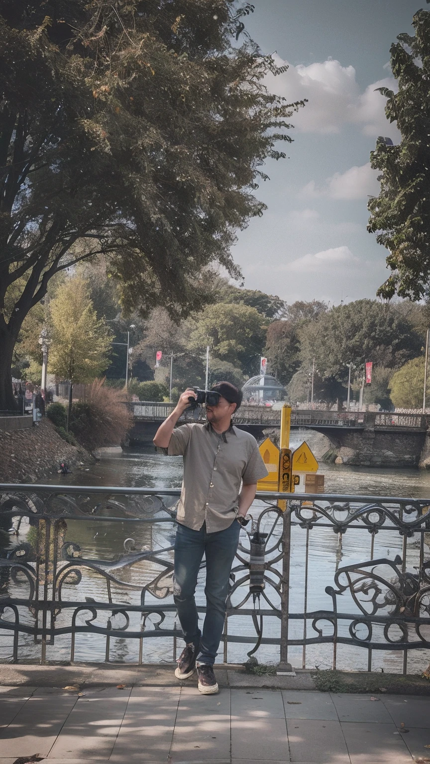 there is a man taking a picture of a river with a camera, smooth in _ the background, low quality photograph, park in background, ((oversaturated)), in a city park, in a park, lomography effect, edited in photoshop, with a park in the background, old picture, desaturated!!, postprocessed), casual photography