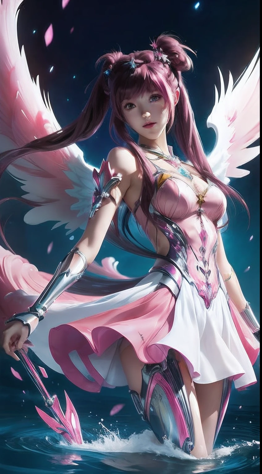 Anime girl with pink hair and wings in water, Sakura Kinomoto, angel knight girl, Anime goddess, pink twintail hair and cyan eyes, Biomechanical OPPAI, Smooth anime CG art,  anime girls, madoka kaname, beautiful cyborg angel girl, rias gremory, advanced digital anime art ”, inspired by Tsubasa Nakai --auto