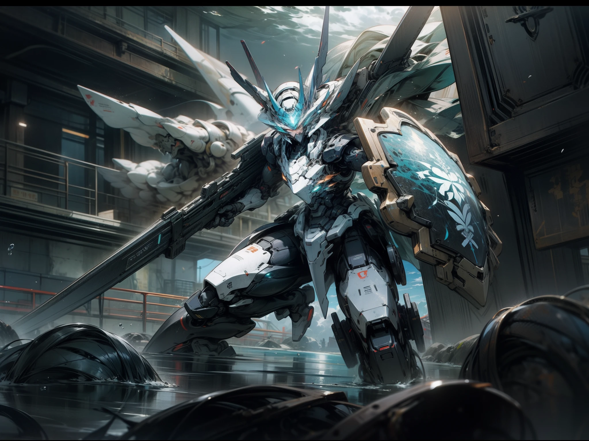 mechs,Holding a gun,clouds,Eyes glow,Equipped with a shield,Diving,The sheen,Underwater background