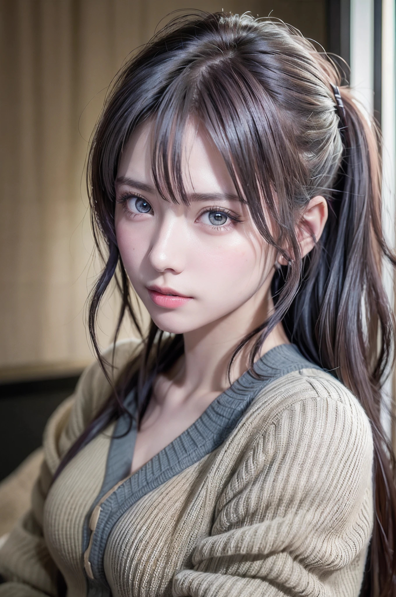 top-quality、8K Masterpiece、超A high resolution、(Photorealsitic:1.3)、Raw photo、女の子1人、silver white hair、poneyTail、glowy skin、1 super beautiful college girl、((super realistic details))、portlate、globalillumination、Shadow、octan render、8K、ultrasharp、highly intricate detail、Realistic light、CGSoation Trends、Beautiful eyes、radiant eyes、Facing the camera、