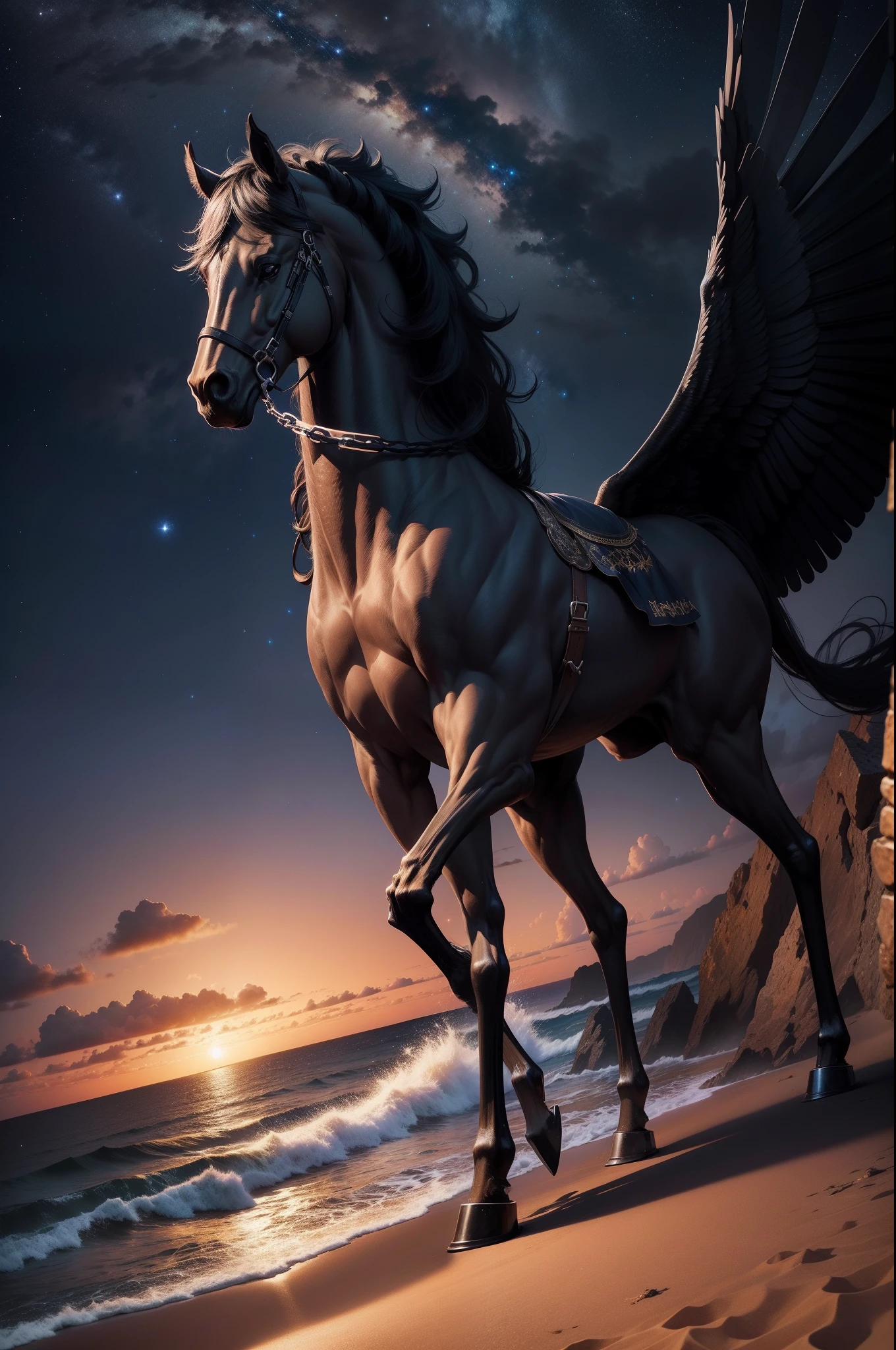 black pegasus, beach, night, starry sky