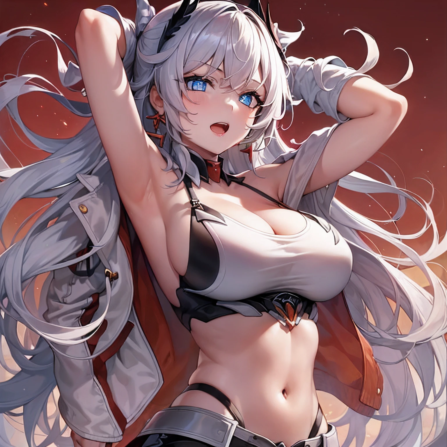 (((1girl))), hands up, long hair, tank-top, jacket, open shoulder, cowboy shot, bikini, big breast, red background, open mouth, red eyes, flushed, yae miko