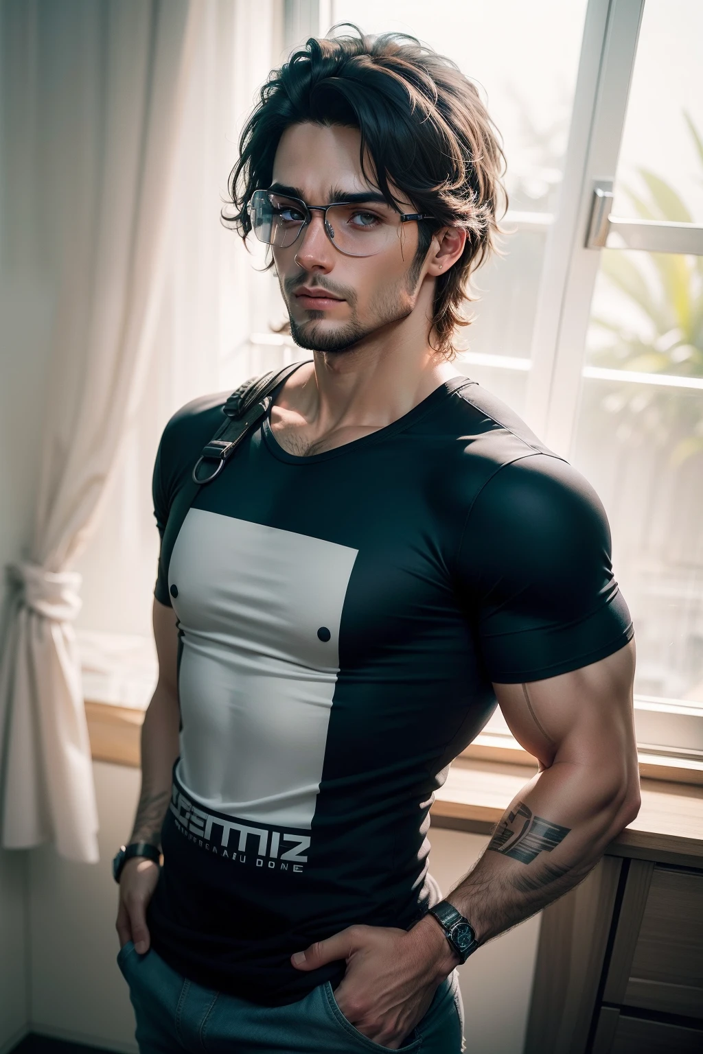Realstic, (fotorealista), ultra detalhado, ( melhor qualidade) homem 25 anos, caucasiano, cabelo castanho, curto e cacheado, wearing goggles, corpo musculoso, usando uma camiseta apertada, sentando de frente a um microfone, dando entrevista para um podcast