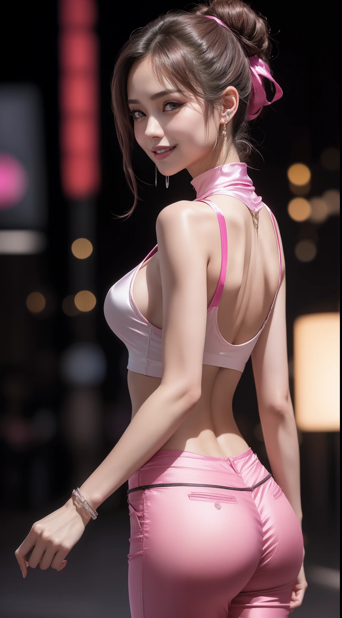 8k, masterpiece, RAW photo, best quality, photorealistic, extremely detailed CG unity 8k wallpaper, Depth of field, Cinematic Light, Lens Flare, Ray tracing, (extremely beautiful face, beautiful lips, beautiful eyes), intricate detail face, ((ultra detailed skin)) 1girl, in the dark, deep shadow, pretty korean girl, kpop idol, 1 girl, (very slim slender fit-muscled body:1.3), ((looking at viewer)),(big smile:1.3), (tight laced blouse), (white color blouse), (sleeveless) , (fashion city night, dark night, (neon sign), (blurred background), fashion street night),(without people in the background:1.3), beautiful earrings, bracelets, necklace, pantyhose, clear eyes, (pale skin), (big eyes), face forward, ((upper body shot)), ((silk hot pink color pants:1.3)),(brown hairs),((tight fitting silk pants)), (looking at viewer:1.3) open breast, very slim, medium breasts, turning back, back shot, see through blouse, transparent pants, updo hair