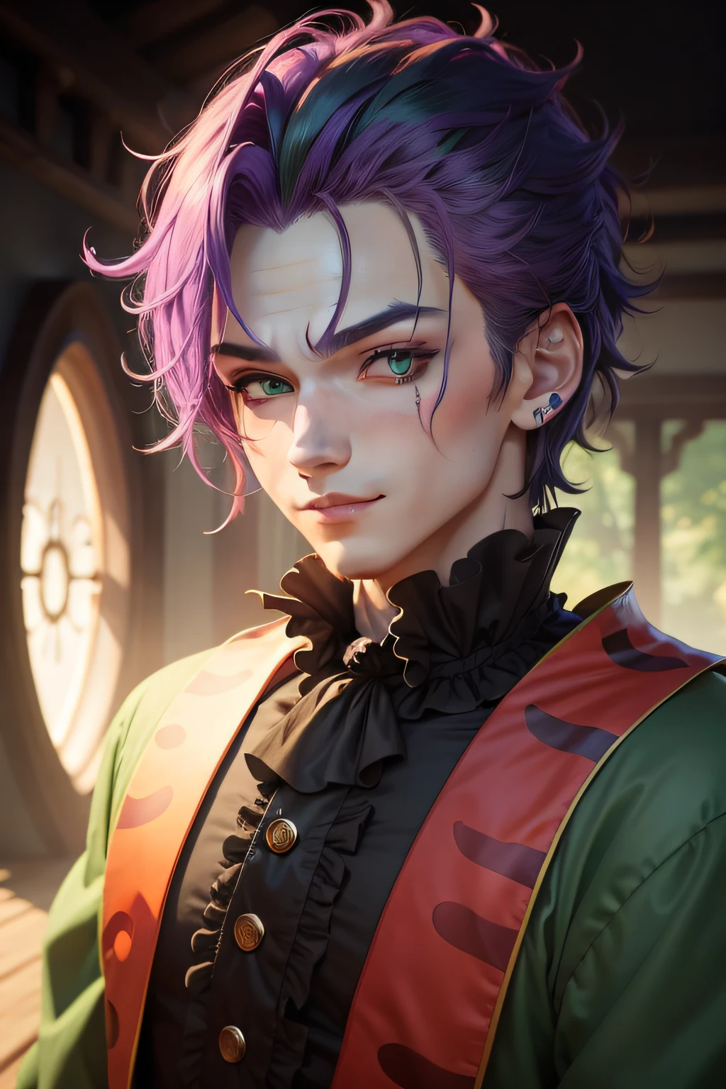 Clown avatar，Close-up of the head，Only head and shoulder positions are shown，ember，Wallpapers，Anime handsome boy，Pan，Green hair，Purple colored hair，Hair has gradient color，Black suit，white backgrounid，Red round nose of the clown，Clown's mouth，Handsome nose，Pointed chin，Azure pupils，ssmile，年轻