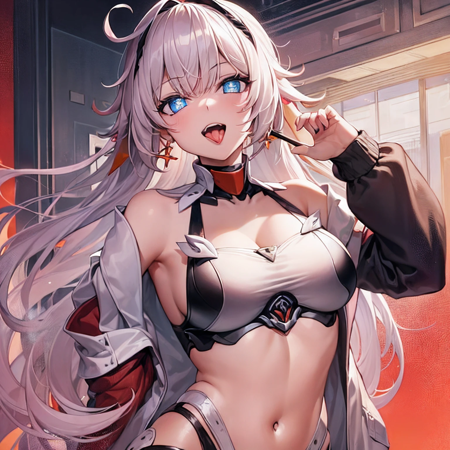(((1girl))), hands up, long hair, tank-top, jacket, open shoulder, cowboy shot, bikini, medium breast, red background, open mouth, stick out her tongue out at viewers, red eyes, flushed, yae miko