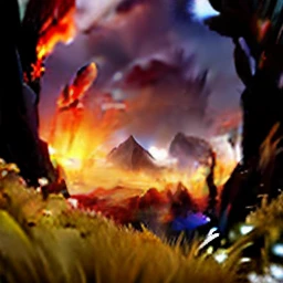 there is a cartoon character standing in a field of grass, videogame still, videogame render, game render, ultra wide gameplay screenshot, animation still, in game render, journey thatgamecompany, videogame screenshot, gameplay still, animation style render, stylized as a 3d render, firey environment, stylized 3d render, (octane render) fantasy style