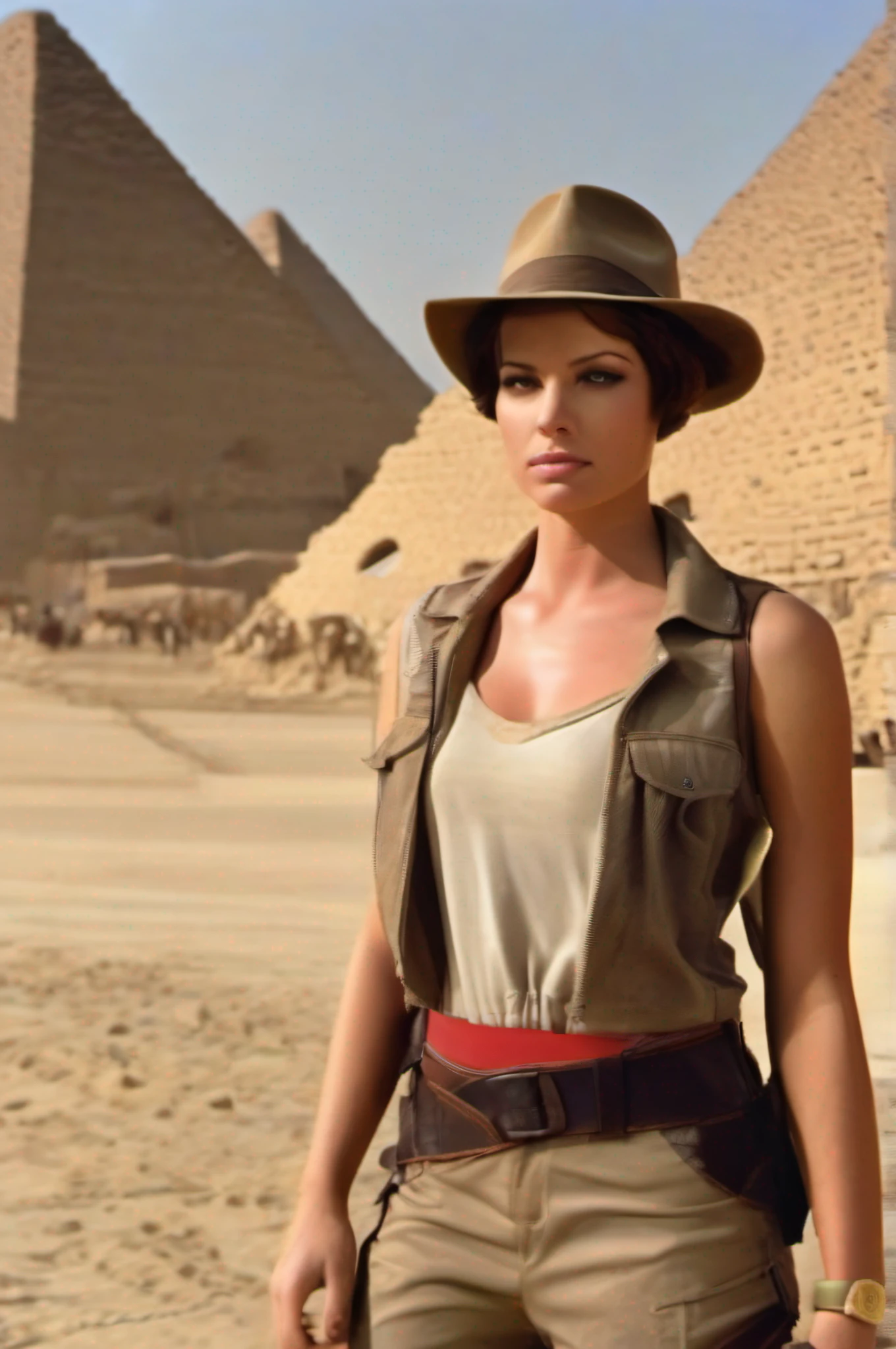 A fire-red-short-haired female Indiana Jones with lightly tanned skin dressed in a ripped Indiana Jones outfit standing 100 meters for the futuristic pyramids in Egypt.