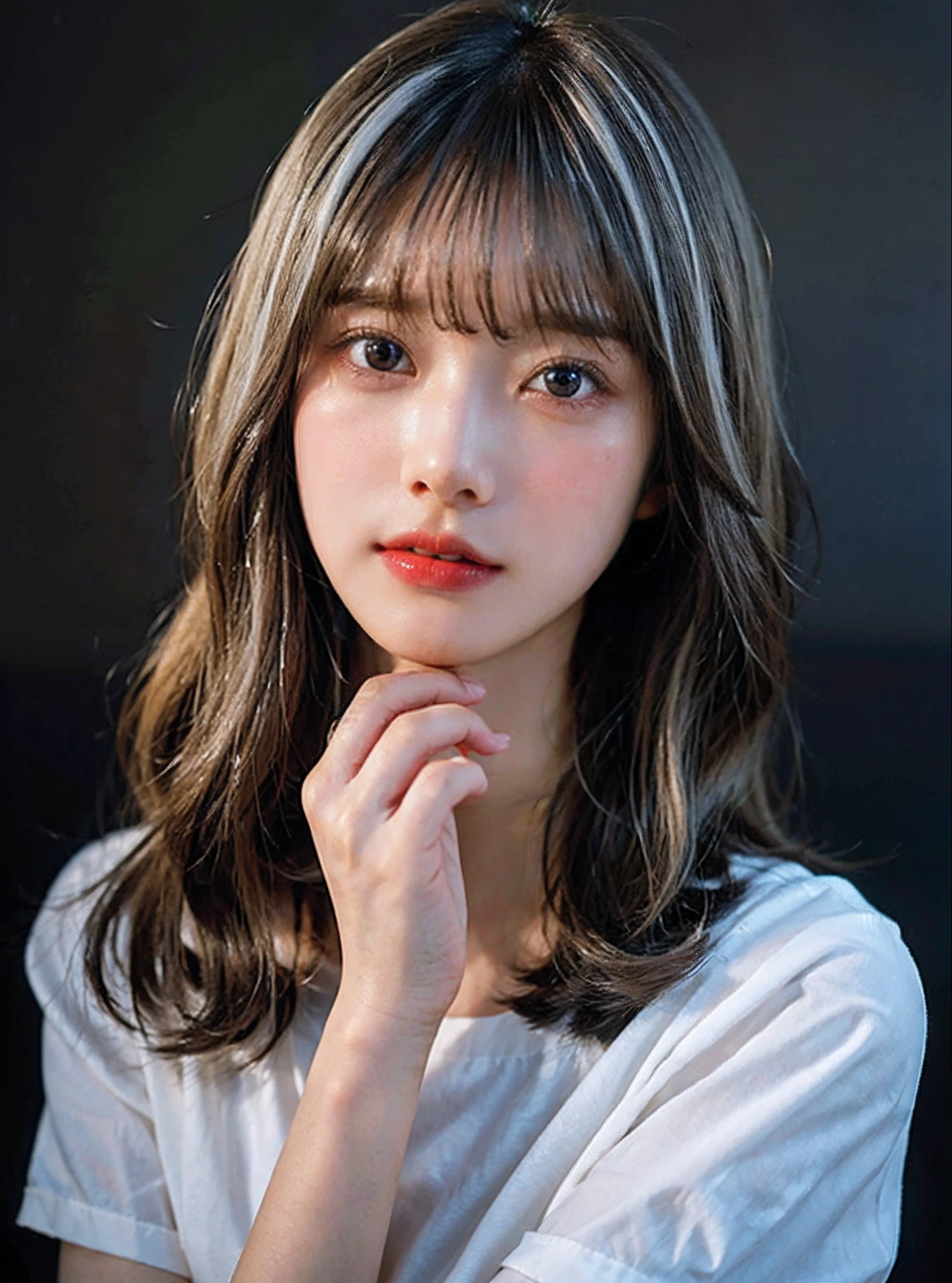 Glowing bangs、Very beautiful cute girl in her 20s、shiny white young beautiful skin、Sexy and very beautiful good looks、Very cute face with ultimate beauty、Super long platinum blonde hair、Smooth long straight hair、Big eyes with shining transparency、二重まぶた、eye line、Cute T-shirt、Grown bust、Low exposure