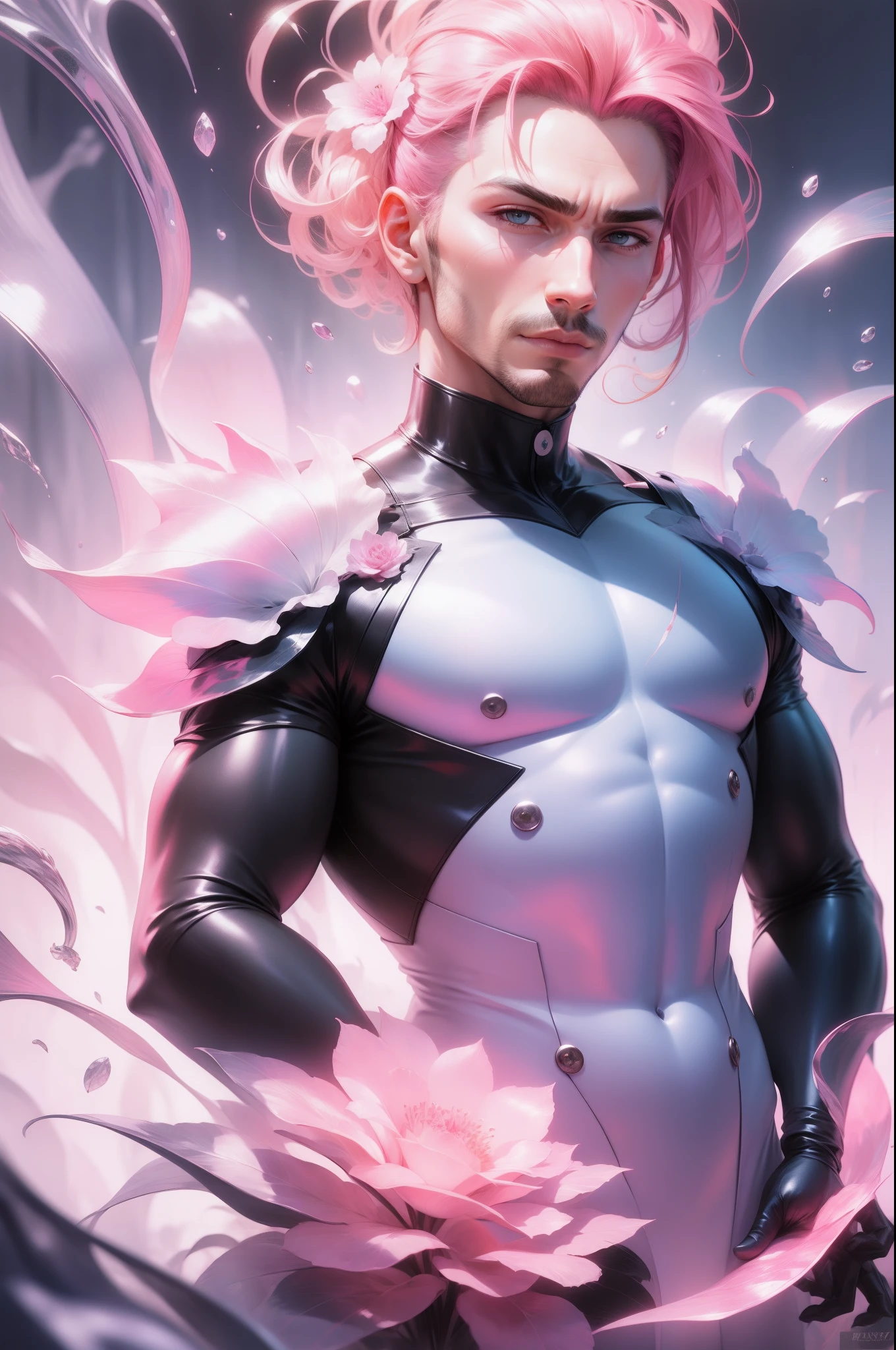 a man with an elegant and sophisticated pose, simple pink background, (see-through white clothes), muscular, penis, pink hair, best quality, extremely detailed, intricate details, male focus