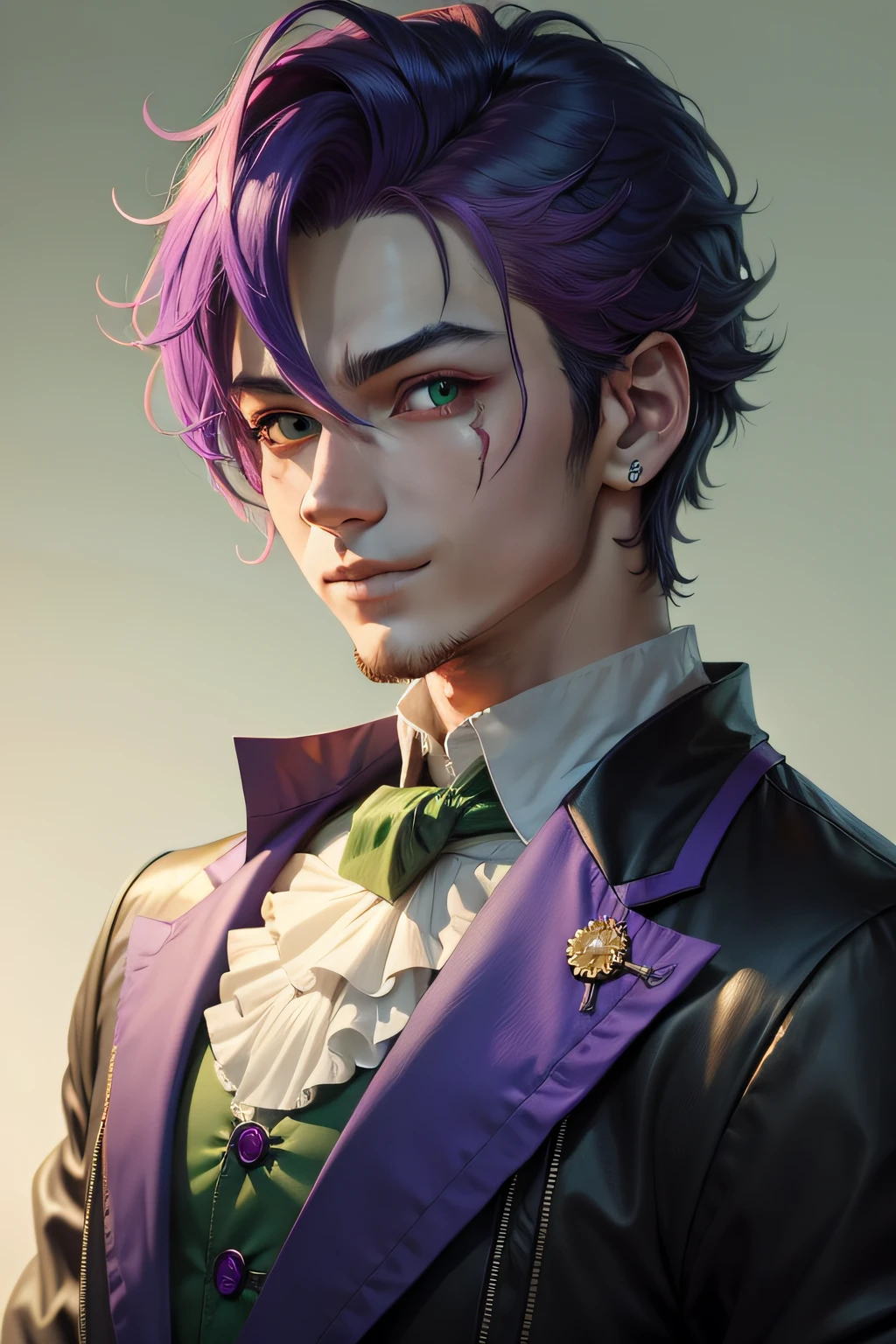 Clown avatar，Close-up of the head，Only head and shoulder positions are shown，ember，Wallpapers，Anime handsome boy，Pan，Green hair，Purple colored hair，Hair has gradient color，Black suit，white backgrounid，Red round nose of the clown，Clown's mouth，Handsome nose，Pointed chin，Azure pupils，ssmile，年轻，No beard