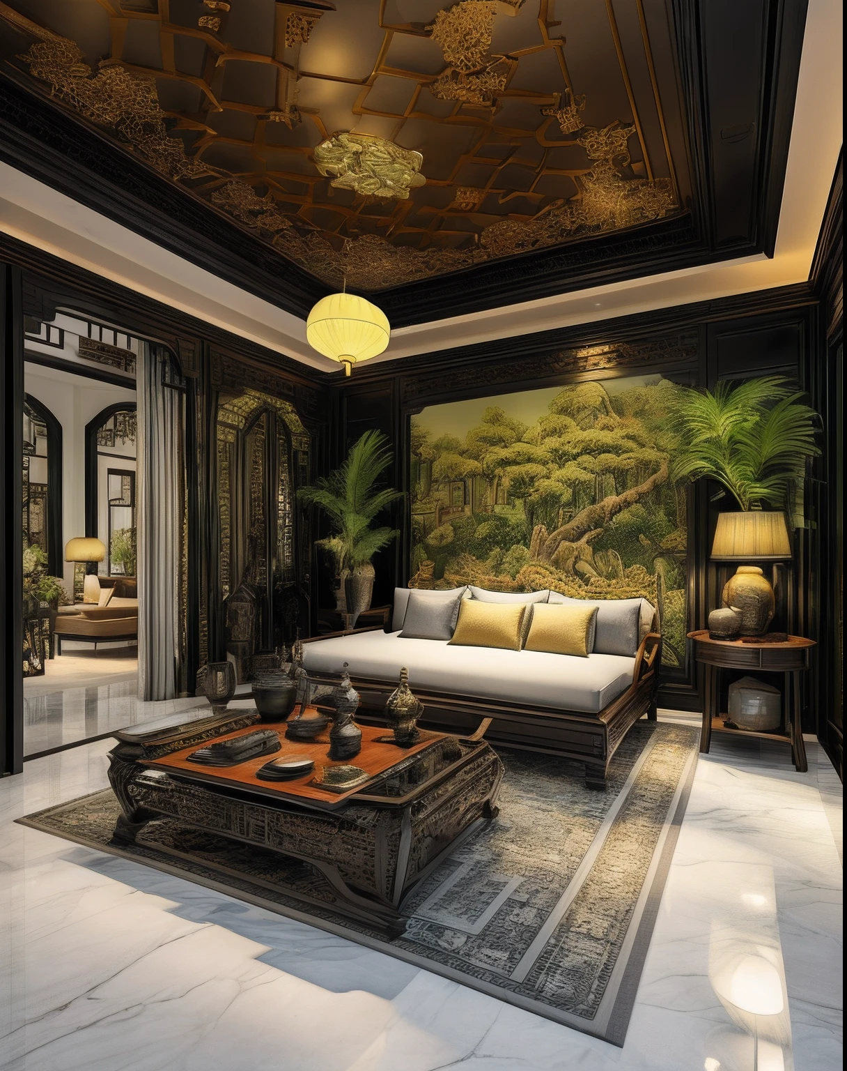 (( masterpiece)) (( ultral realistic)) (( sharp forcus)) (( high detail)) livingroom in indochina style,china , vietnam, black wooden furniture, wallpaper, patent,glossy, ceramic tiles floor,