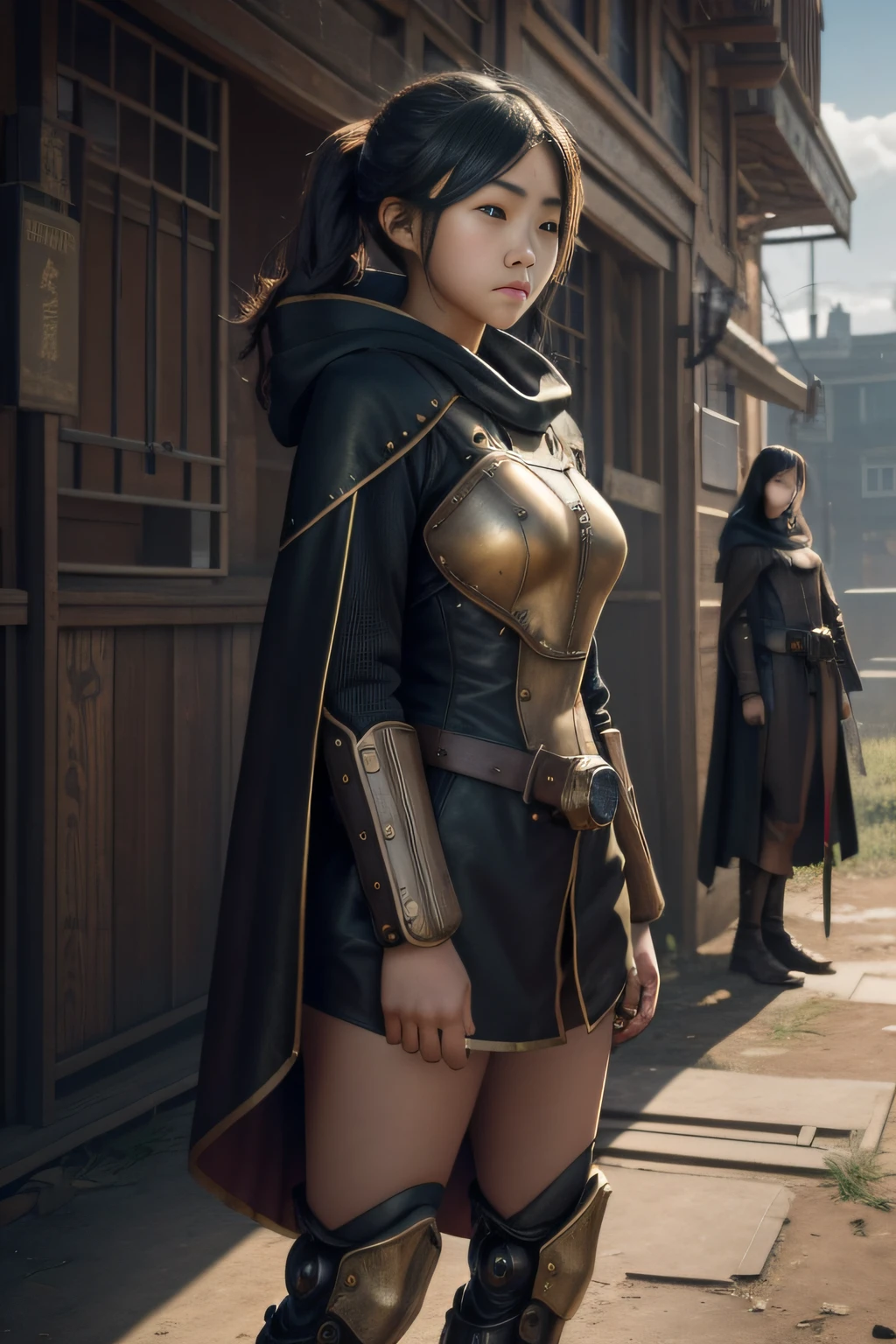1 girl, young, , Asian, full body from head to toe, Realistic, Realistic face, worried, looks over shoulder, side lighting, wallpaper, side view, looks at viewer, steampunk buildings futurists in the background, long cape and hood, earth ground, outdoors, hold a crossbow, fight steampunk robots,