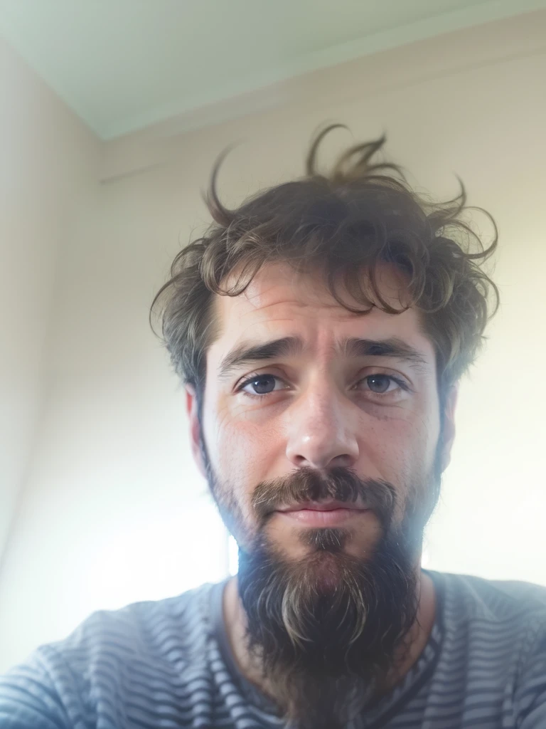 arafed man with a beard and a striped shirt taking a selfie, 4 0 years old man, very very low quality picture, 8k selfie photograph, without beard and mustache, selfie photo, (38 years old), a photo of a disheveled man, selfie of a man, 3 , with a small beard, 38 years old
