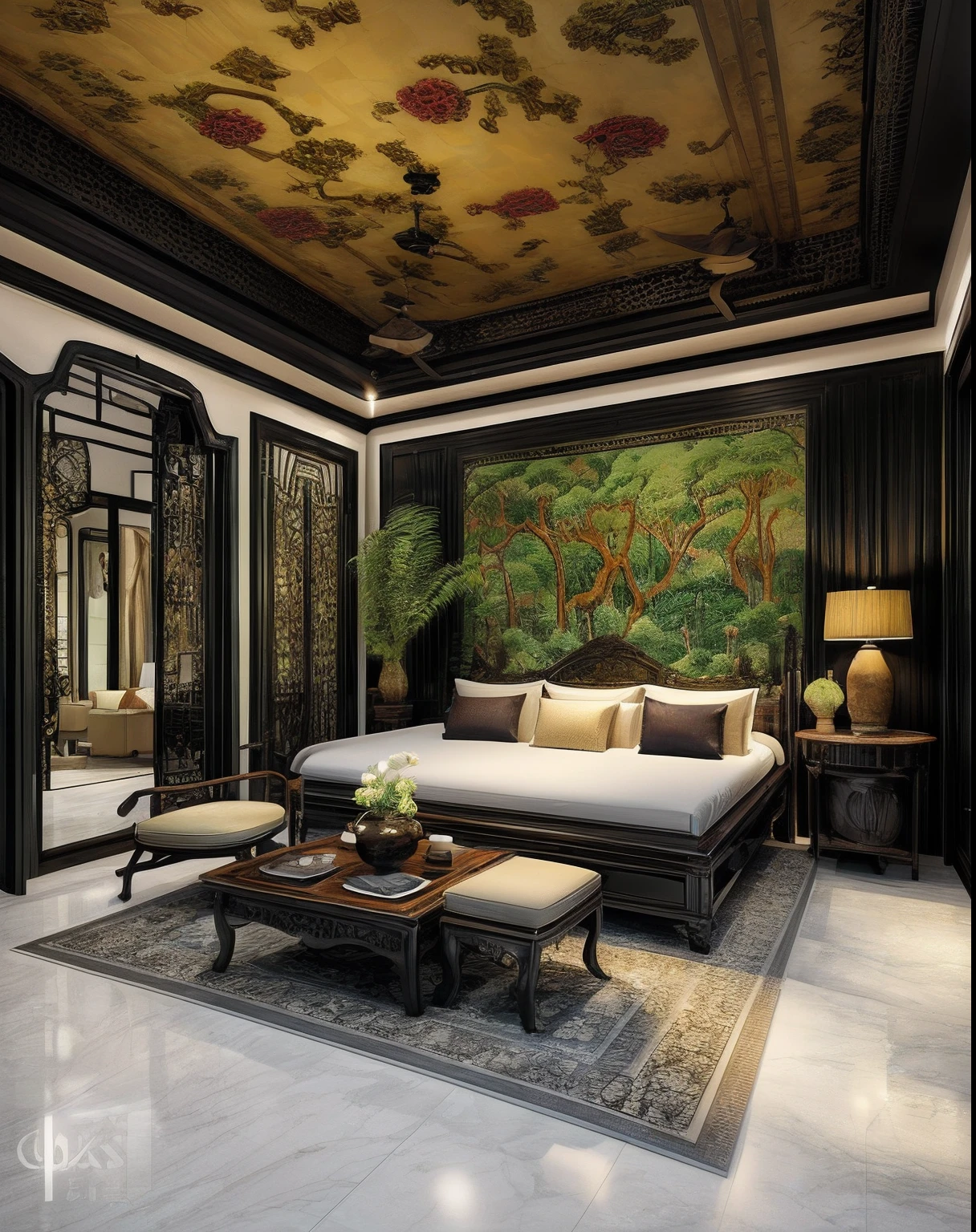 (( masterpiece)) (( ultral realistic)) (( sharp forcus)) (( high detail)) livingroom in indochina style,china , vietnam, black wooden furniture, wallpaper, patent,glossy, ceramic tiles floor,