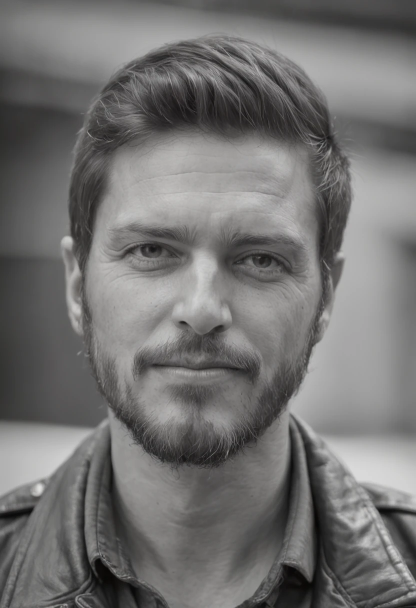[On a blank piece of paper, Um retrato realista de um homem pardo de 36 anos, com barba estilo costeleta, com uma cicatriz de uma tiro na testa, vestindo jaqueta de couro, with hair up to the neck, Playing guitar is drawn in graphite pencils. he is in profile, Look forward with serious eyes, Condensed expression. He holds the guitar with both hands...., Apoiando o peito. A guitarra tem detalhes em ouro e preto. The design inspired by anime but with a more Western trace, Ilustrador brasileiro fazendo trabalho surreal feito digitalmente]