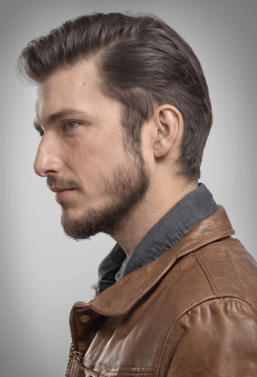 [On a blank piece of paper, Um retrato realista de um homem pardo de 36 anos, com barba estilo costeleta, com uma cicatriz de uma tiro na testa, vestindo jaqueta de couro, with hair up to the neck, Playing guitar is drawn in graphite pencils. he is in profile, Look forward with serious eyes, Condensed expression. He holds the guitar with both hands...., Apoiando o peito. A guitarra tem detalhes em ouro e preto. The design inspired by anime but with a more Western trace, Ilustrador brasileiro fazendo trabalho surreal feito digitalmente]