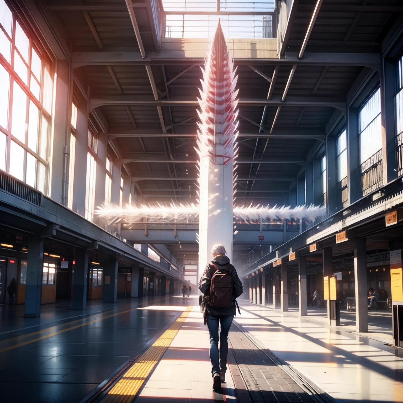 "A massive white worm in an empty train station."