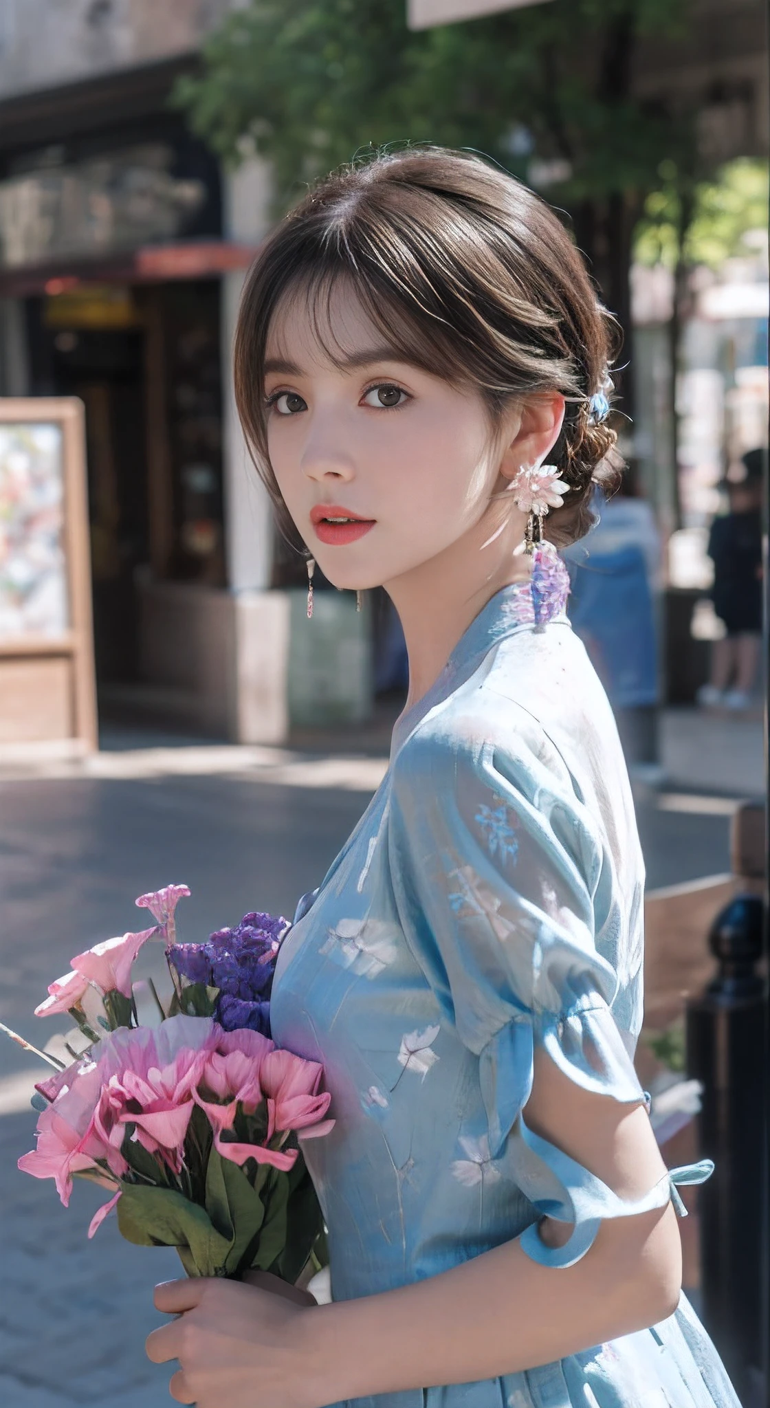 (Masterpiece, Top quality, Best quality, offcial art, Beautiful and aesthetic:1.2), Extremely detailed,(Fractal art:1.1),(Colorful:1.1)(Flowers:1.3),highest details,(zentangle:1.2), (Dynamic pose), ((Exquisite hairpin,Floral hair cards,Good-looking hair accessories)),(Shiny skin), (many color:1.4), ,(Earrings:1.4), a beautiful girl in vintage colors aodai, Realistic:1.3, street, Cyberpunk, Sunlight, back lit lighting, ((((hdr)))), intricate scene, art  stations, Intricate details, Vignette