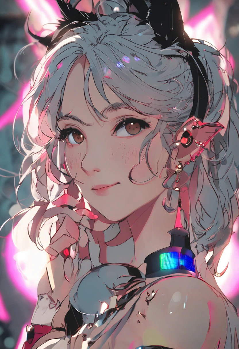 black hair, hair bobbles, wince, longeyelashes, solid circle eyes, fake animal ears, light smile, ear blush, fang, Surrealism, drop shadow, anaglyph, stereogram, tachi-e, pov, atmospheric perspective, chiaroscuro, cinematic lighting, sparkle, optical illusion, stereogram, 8k, super detail, ccurate, best quality, 16k, 8k,chinesedragon