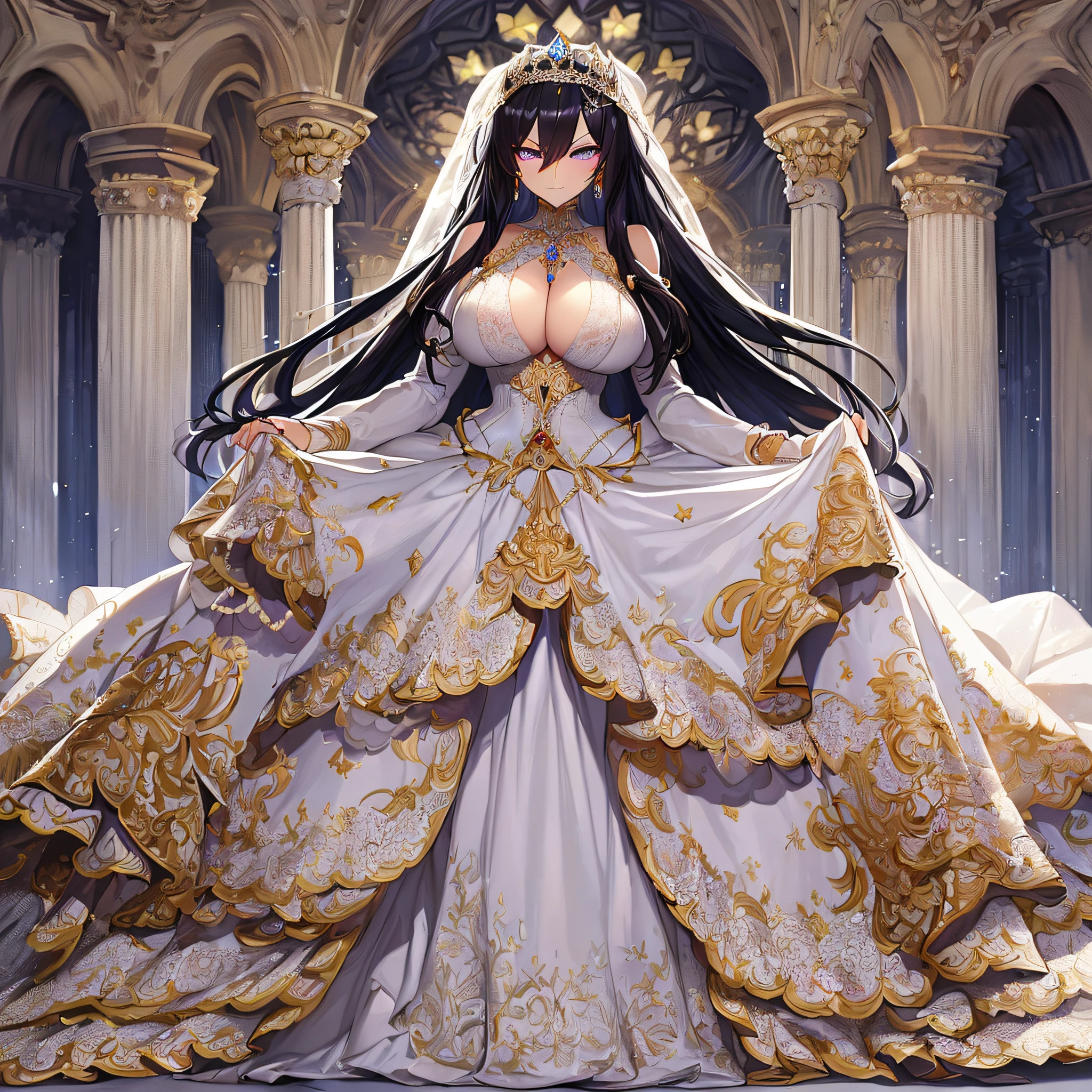 ((anime artstyle)),Masterpiece,Best Quality,Super Detail,Very Delicate and Beautiful,Solo,((full body)),(((1 arrogant queen wearing gorgeous white ballgown wedding dress with voluminous crinoline hoop skirt))),voluminous frills and beautiful lace,((gigantic tits,skindentation)),jewel-like eyes,(haughty smile),(((arrogant facial expression,haughty facial expression))),Sharp eyes,Purple eyes,(Beautiful detailed face and eyes),((Bangs between eyes,voluminous straight hair,extremely Long straight Hair)),black hair,gorgeous embroidery and lace,luxury hair ornament,extremely gorgeousfull jeweled tiara,long train,((bling-bling gorgeous gemstone jewelry)),long wedding veil,full body,standing in the sacred cathedral,white lily flowers,flower petals flowing,light particles,Sacred Light,((gorgeous white ballgown wedding dress with voluminous crinoline hoop skirt))