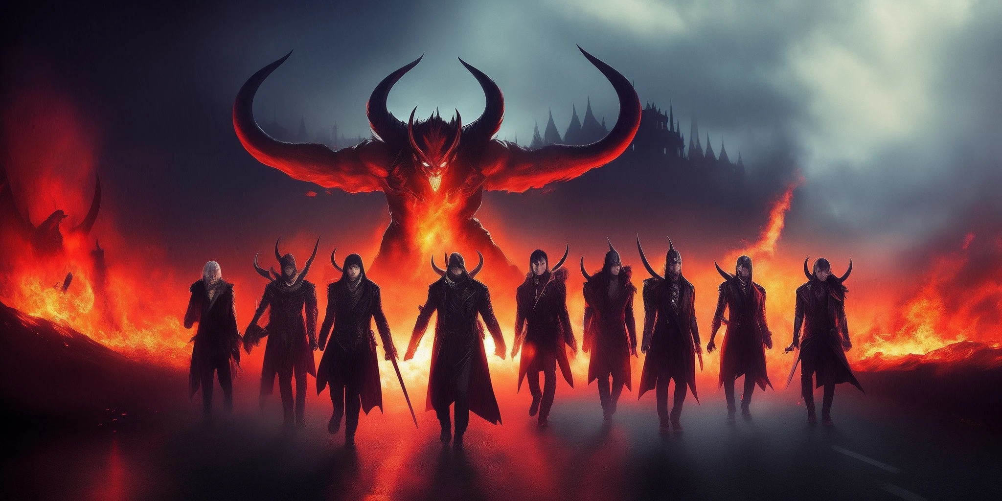 Full of devils、Demon Group、City at night、Group of demons walking on the road、Legion of Demons、Rain of flames