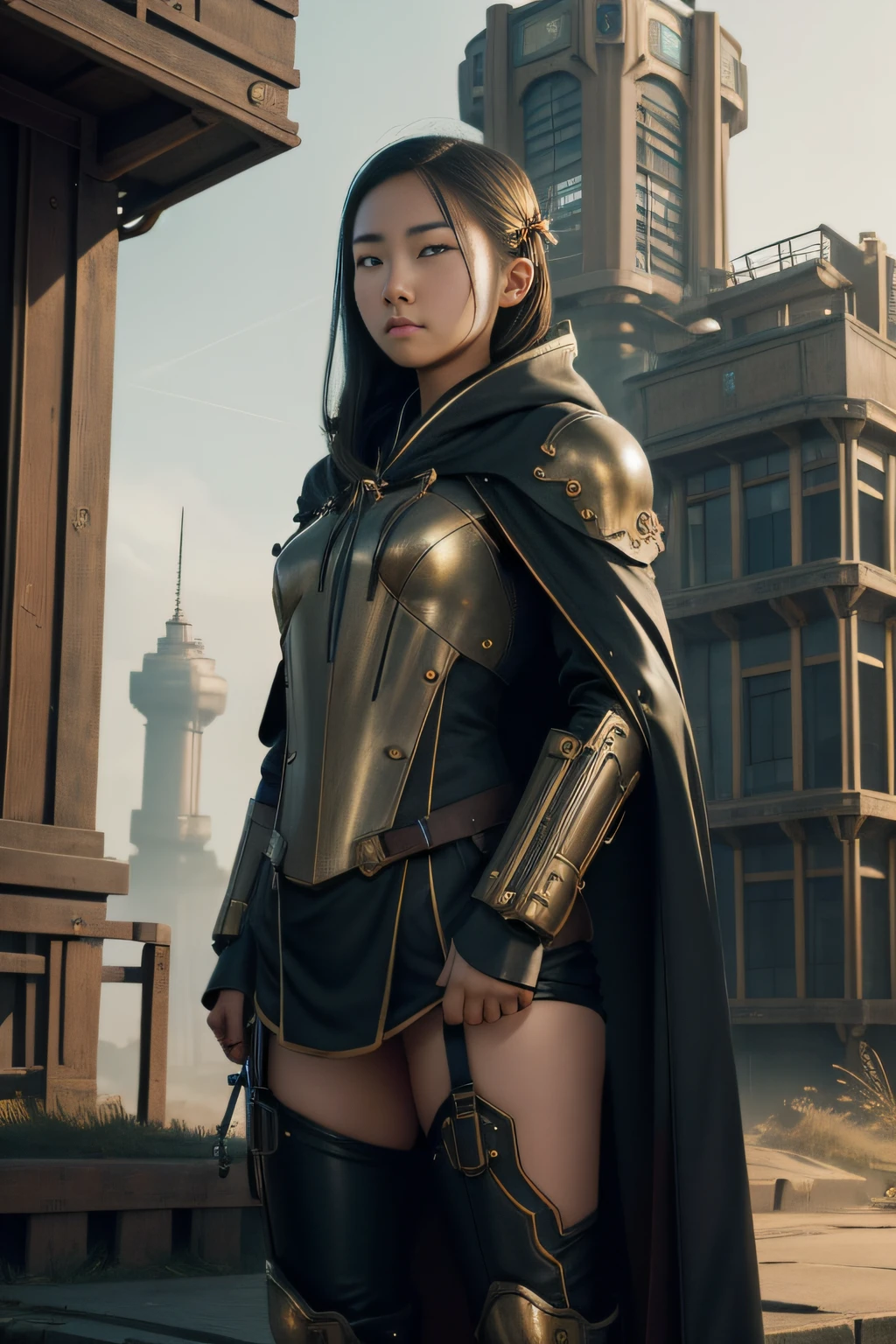 1 girl, young, 16 years old, Asian, full body from head to toe, Realistic, Realistic face, worried, looks over shoulder, side lighting, wallpaper, looks at viewer, futuristic steampunk buildings in background, Long cape and hood, earth ground, outdoors, hold a crossbow, fight steampunk robots,