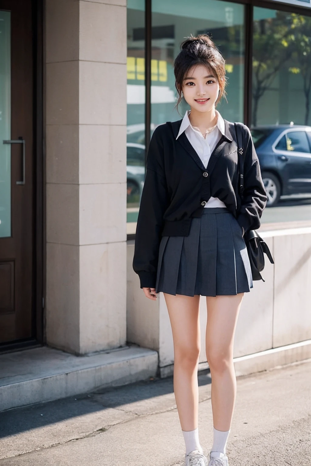 a beautiful korean woman wearing a high school uniform. her hair is tied in a bun with some natural loose hair. she has a charming smile. full body. short skirt.