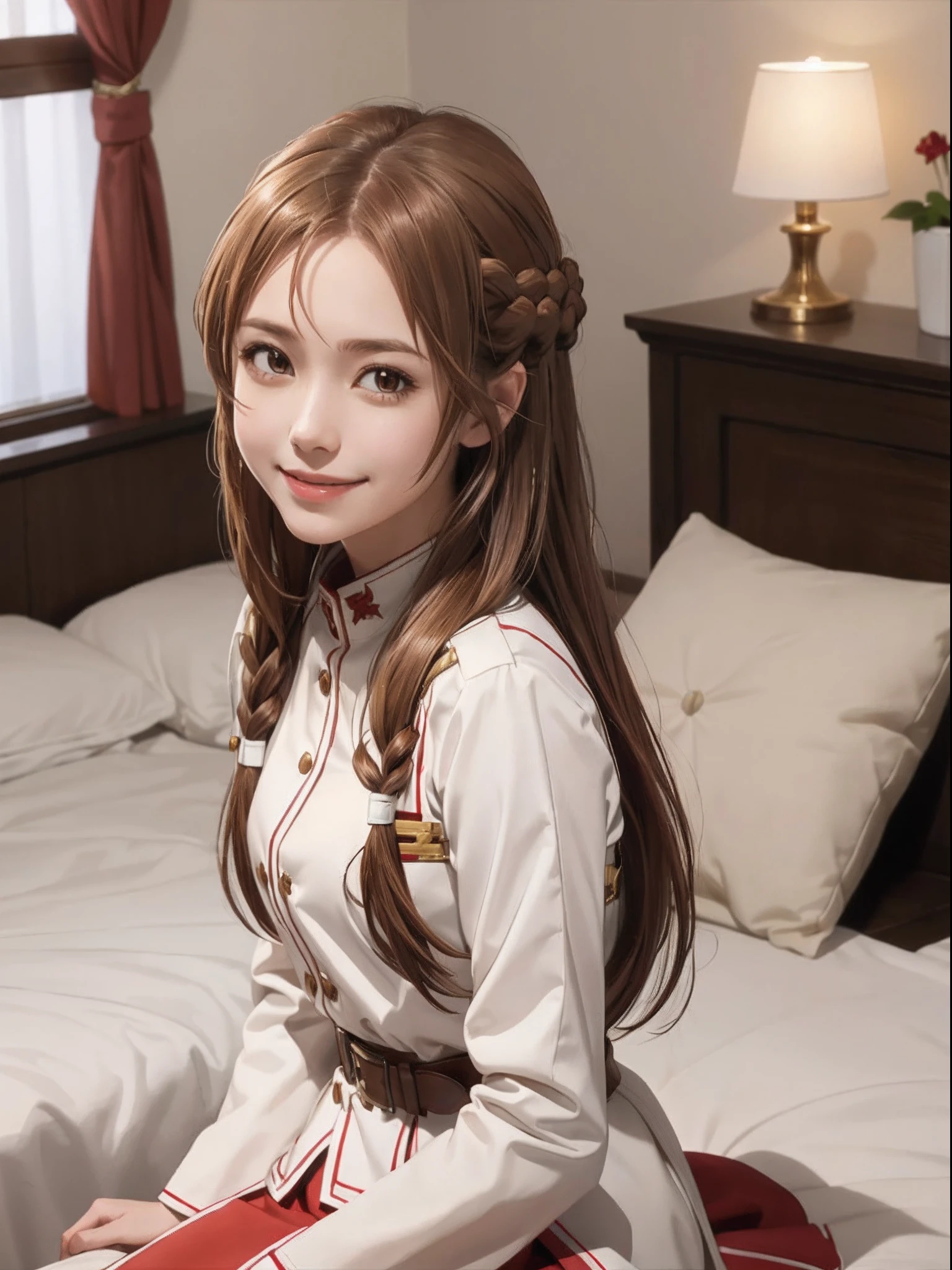 Best Quality, masutepiece, Portrait, 1girl in, Yuuki Asuna, Brown hair, Brown eyes, medium breasts, Long hair, braid, Kotovo, White Gloves, White uniform, White boots, Red skirt, Red strap, Looking at Viewer, Indoors, Smile, Luxurious bedroom