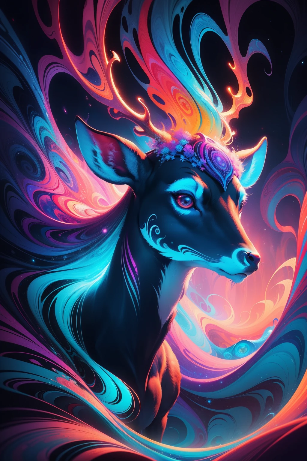 (Psychedelic painting of a deer standing in front of a colorful swirl), ((multi-slit big antlers, stag, big head)), light and shadow, waves, multi-layered, foreground, distant view, fractal Thunder Dan Mumford, Dan Mount Ford and Alex Gray style, psychedelic surreal art, surreal psychedelic design, fantasy art style, illusion psychedelic art, infinite psychedelic waves, inspired by Cyril Rolando, Real ripple structure, psychedelic art style, psychedelic art, psychedelic illustration,bioluminescent, vibrant, colourful, color, (glowing, glow), (beautiful composition), cinematic lighting, intricate, (symmetrical:0.5), whimsical,